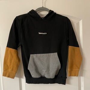 Timberland Boys size M color block hoodie. Black, gray and tan. Gently used.